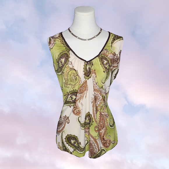Agenda Tops - Vintage Agenda Paisley Print Sleeveless Top Green Boho Hippie Y2K Blouse Sz XL